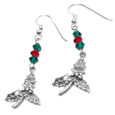 Sterling Silver Christmas Holly Charm Earrings Red Green Crystal - image2